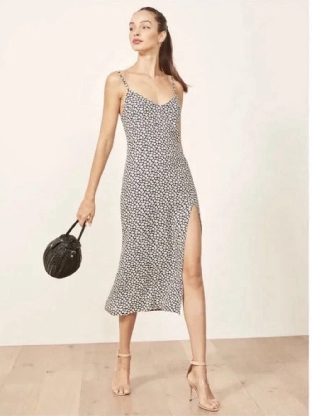 Reformation Crimini Daisy Midi Slip Dress Navy Blue Ivory Floral Slit 6